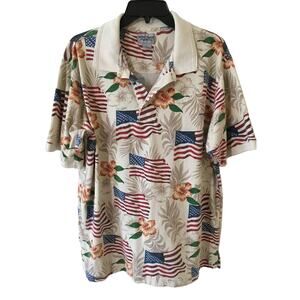 Windham Pointe Large Patriotic Flag & Hawaiian Flowers Short Sleeve Polo Shirt